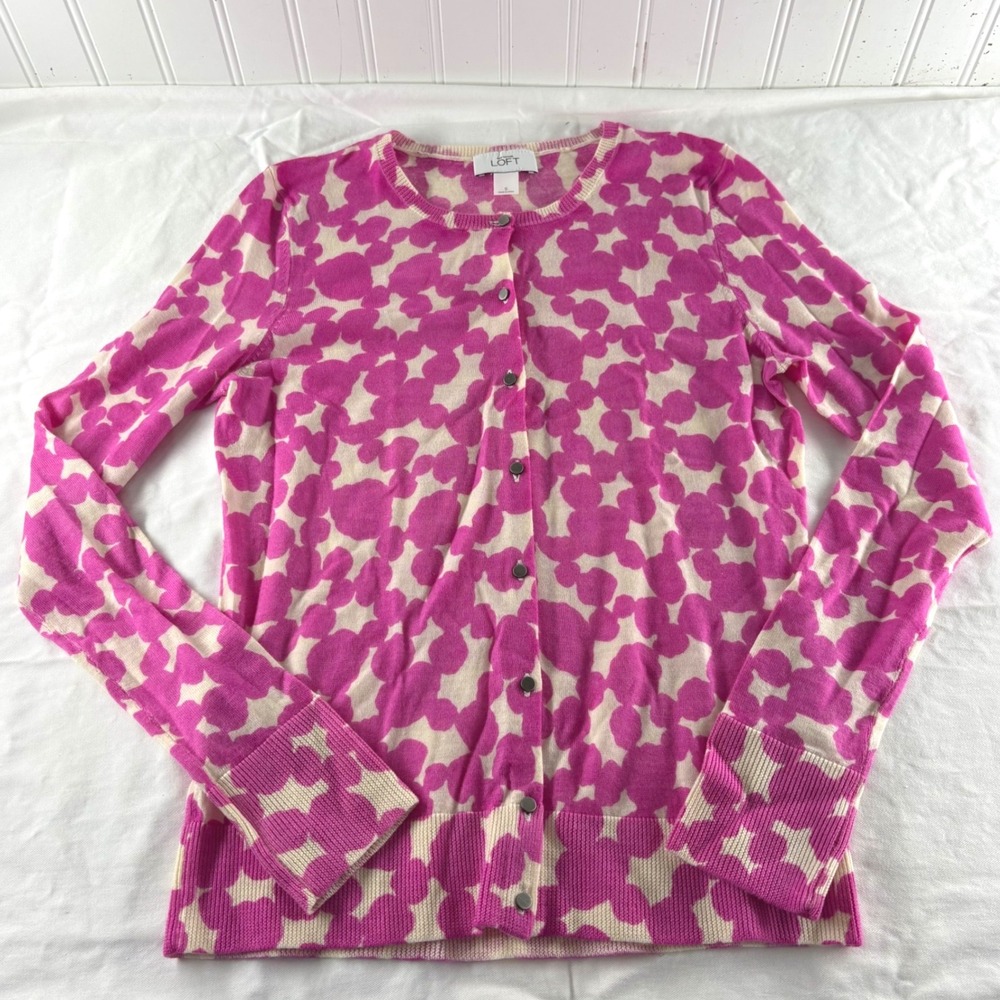 Ann Taylor LOFT Pink Cream Merino Wool Abstract Dot Cardigan Sweater Womens S‎